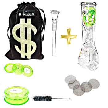 Newzenx All-in-One Glass Percolator Ice Bong | Ricky & Morty 8" for Oil/Honey/Herb Combo