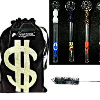 Newzenx 6" Oil Crystal Pipe Double Bowl | 4 Sign Combo Pack | Pipe Cleaner & Pouch