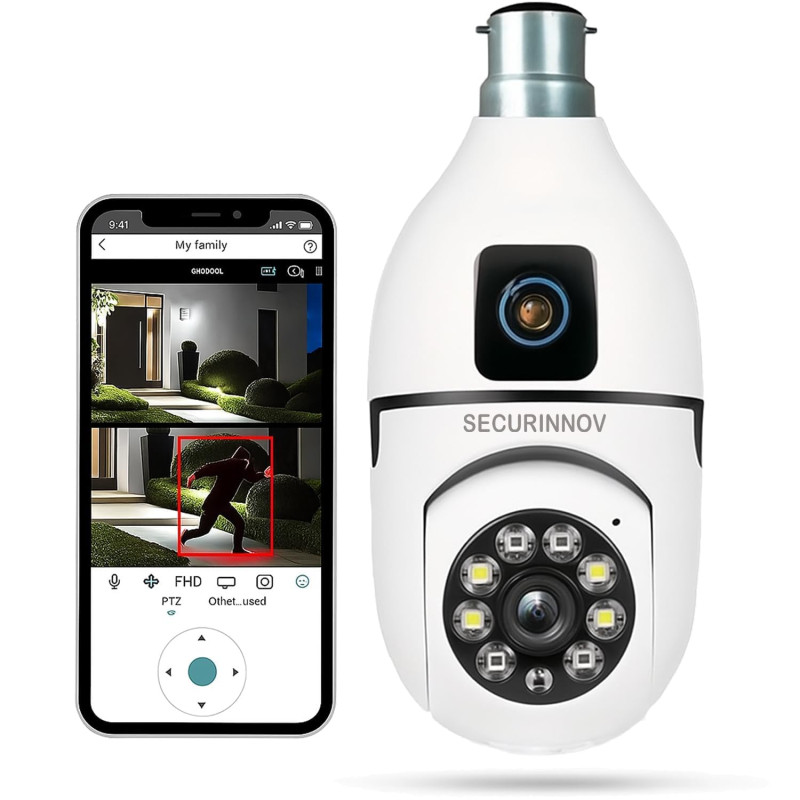 securinnov 3MP Indoor WiFi Light Bulb Camera for Home Security | Smart LED Light Bulb CCTV Camera | Wireless Light Socket Bulb | Motion Detection | Mobile App Control (Bulb Camera)